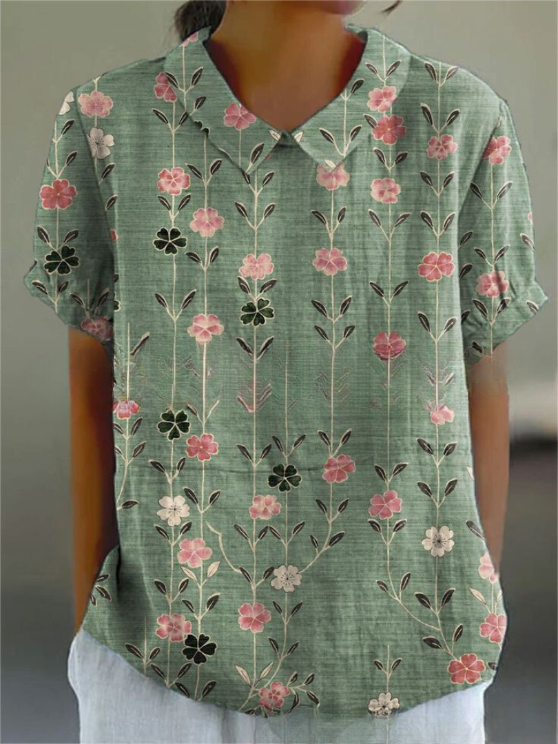 Heidi-Mode | Blumen Kurzarmbluse mit Peter-Pan-Kragen für Frauen