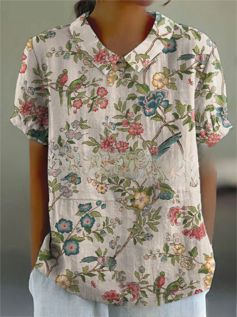Heidi-Mode | Blumen Kurzarmbluse mit Peter-Pan-Kragen für Frauen