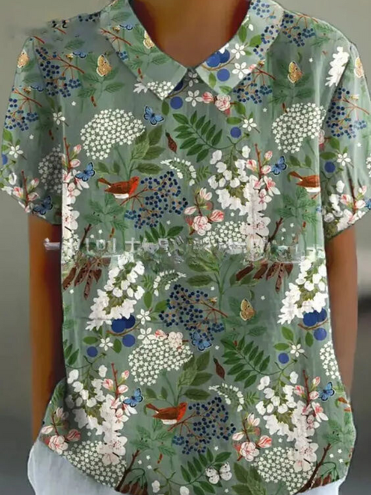 Heidi-Mode | Blumen Kurzarmbluse mit Peter-Pan-Kragen für Frauen