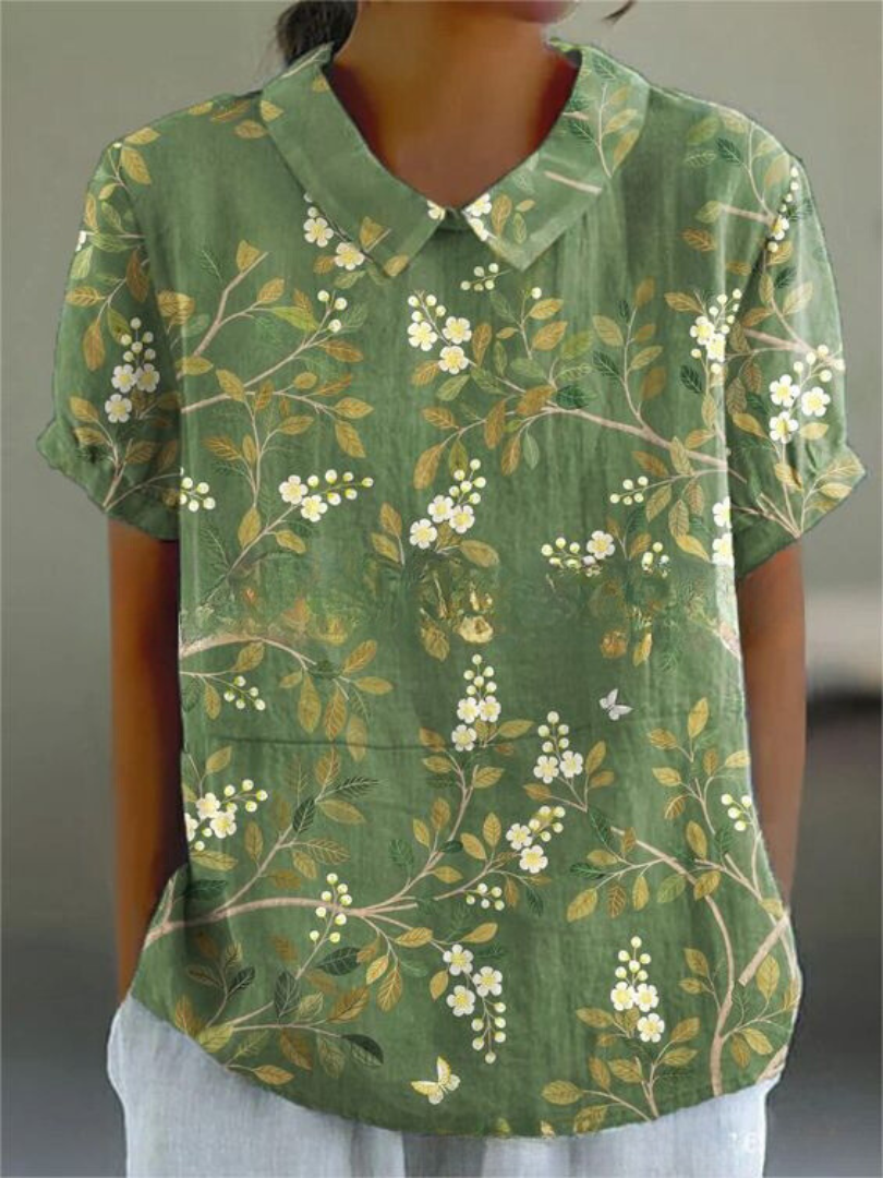 Heidi-Mode | Blumen Kurzarmbluse mit Peter-Pan-Kragen für Frauen