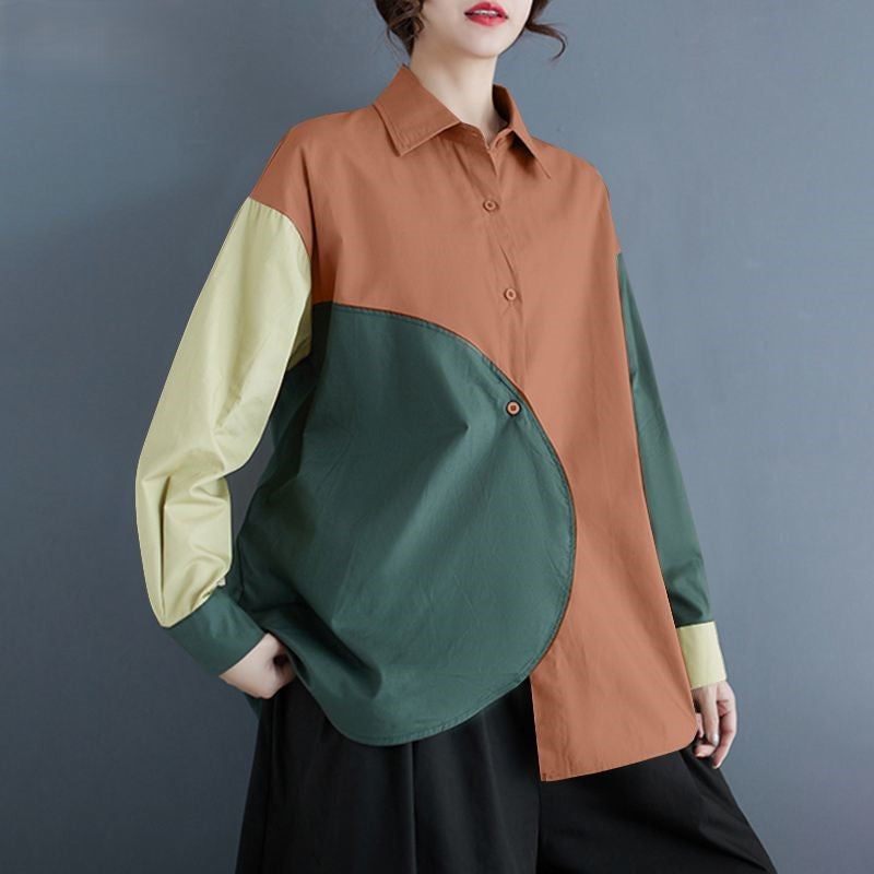 Heidi-Mode | Asymmetrische Patchwork Bluse mit Langen Ärmeln