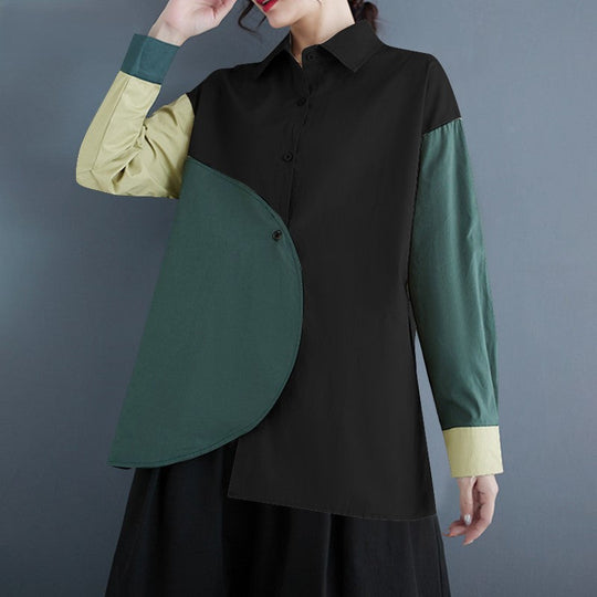 Heidi-Mode | Asymmetrische Patchwork Bluse mit Langen Ärmeln