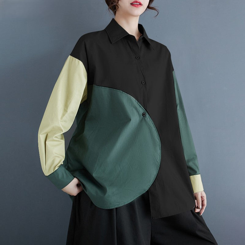 Heidi-Mode | Asymmetrische Patchwork Bluse mit Langen Ärmeln