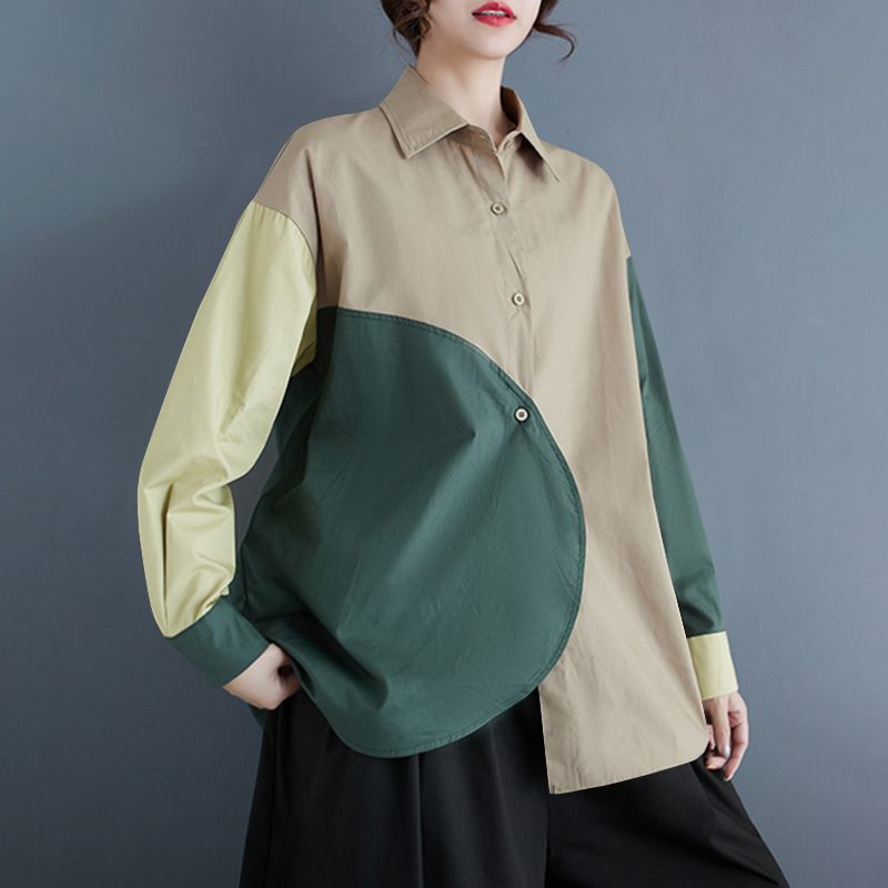 Heidi-Mode | Asymmetrische Patchwork Bluse mit Langen Ärmeln