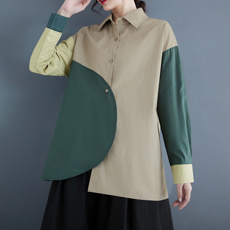 Heidi-Mode | Asymmetrische Patchwork Bluse mit Langen Ärmeln