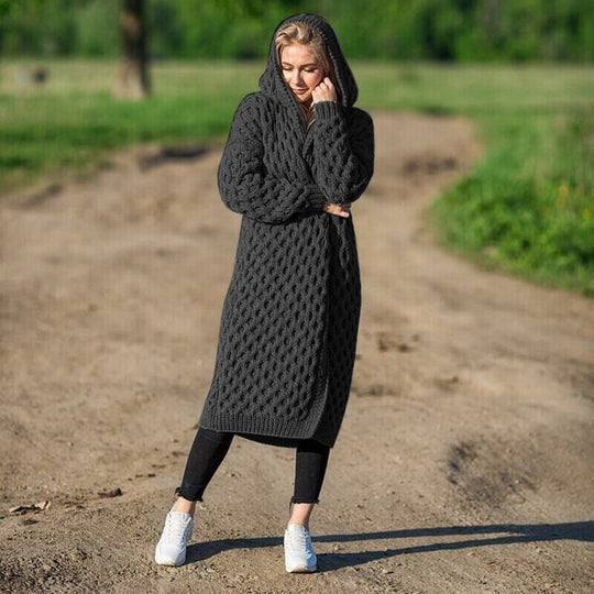 Heidi-Mode | Dicke warme Damen-Strickjacke mit Kapuze