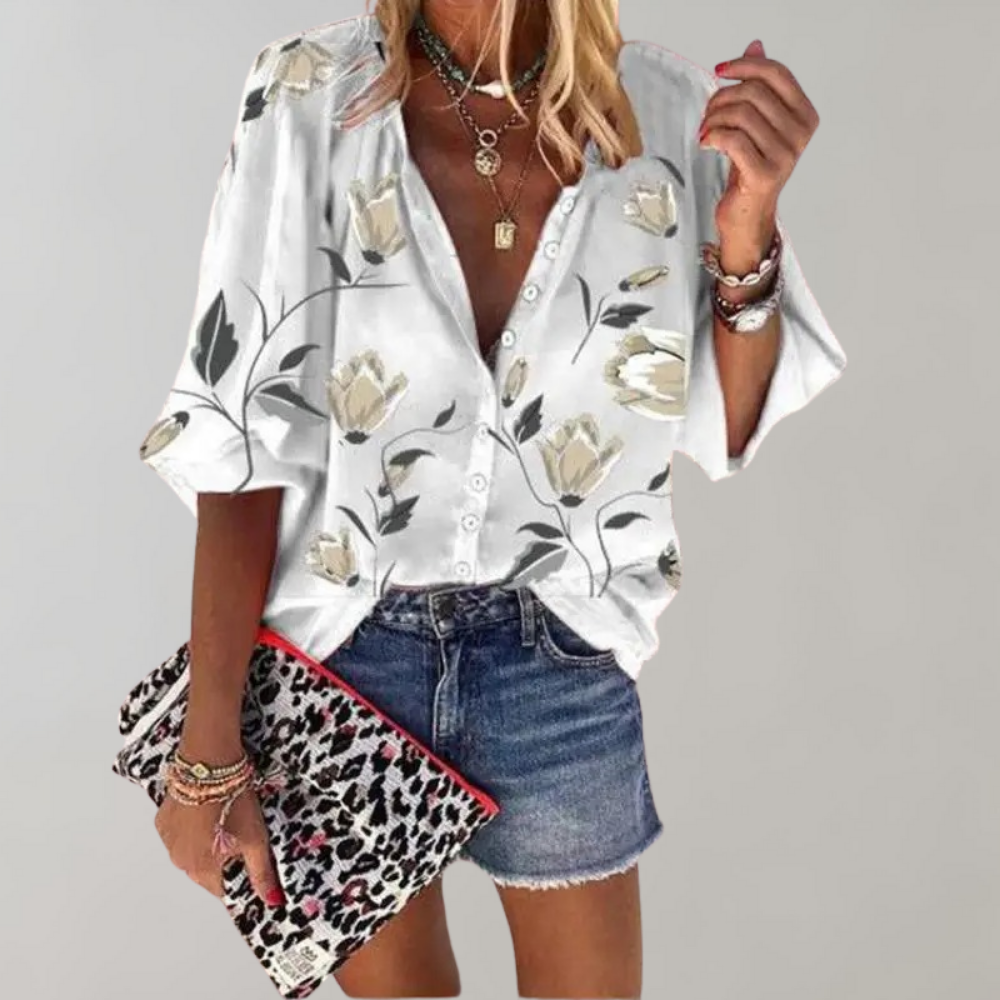 Heidi-Mode | Elegante Blumenmuster Bluse mit Knöpfen für Damen