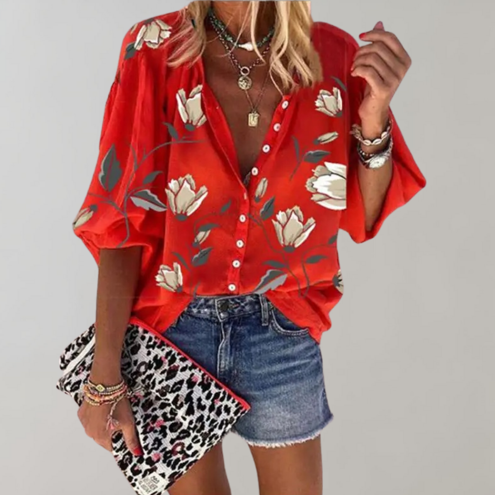 Heidi-Mode | Elegante Blumenmuster Bluse mit Knöpfen für Damen