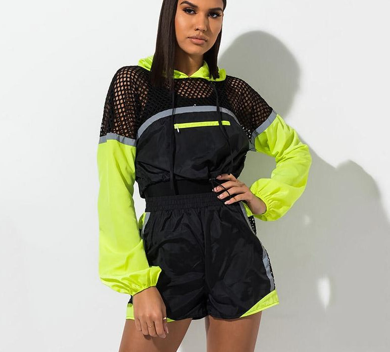 Heidi-Mode | Fishnet Langarm Kapuzenpulli Jacken und Shorts Satzs