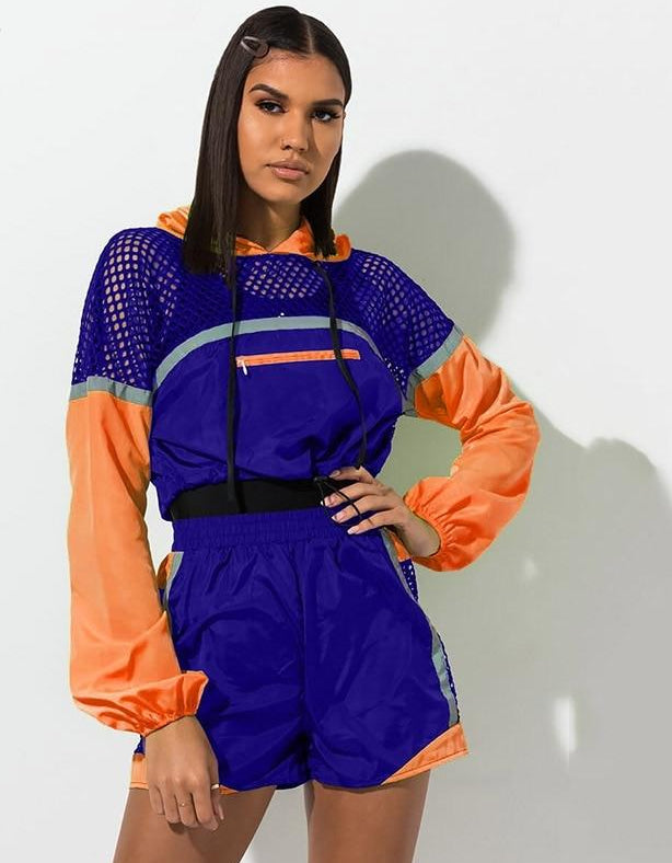 Heidi-Mode | Fishnet Langarm Kapuzenpulli Jacken und Shorts Satzs