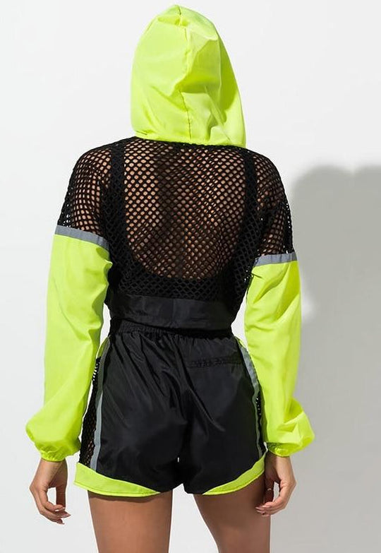 Heidi-Mode | Fishnet Langarm Kapuzenpulli Jacken und Shorts Satzs