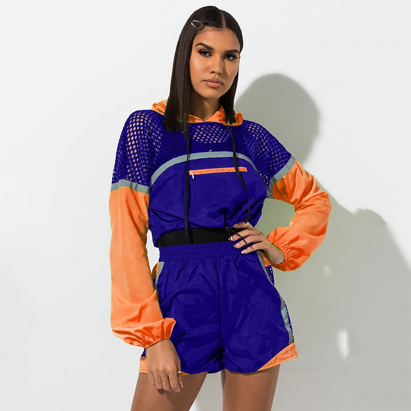 Heidi-Mode | Fishnet Langarm Kapuzenpulli Jacken und Shorts Satzs