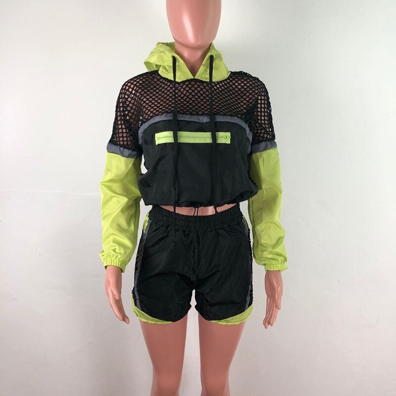 Heidi-Mode | Fishnet Langarm Kapuzenpulli Jacken und Shorts Satzs