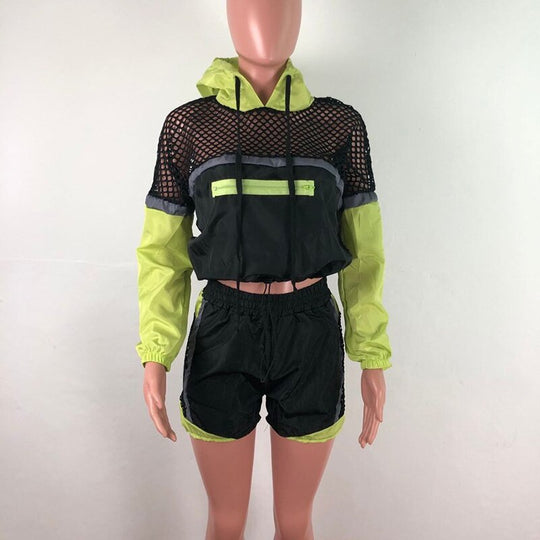 Heidi-Mode | Fishnet Langarm Kapuzenpulli Jacken und Shorts Satzs