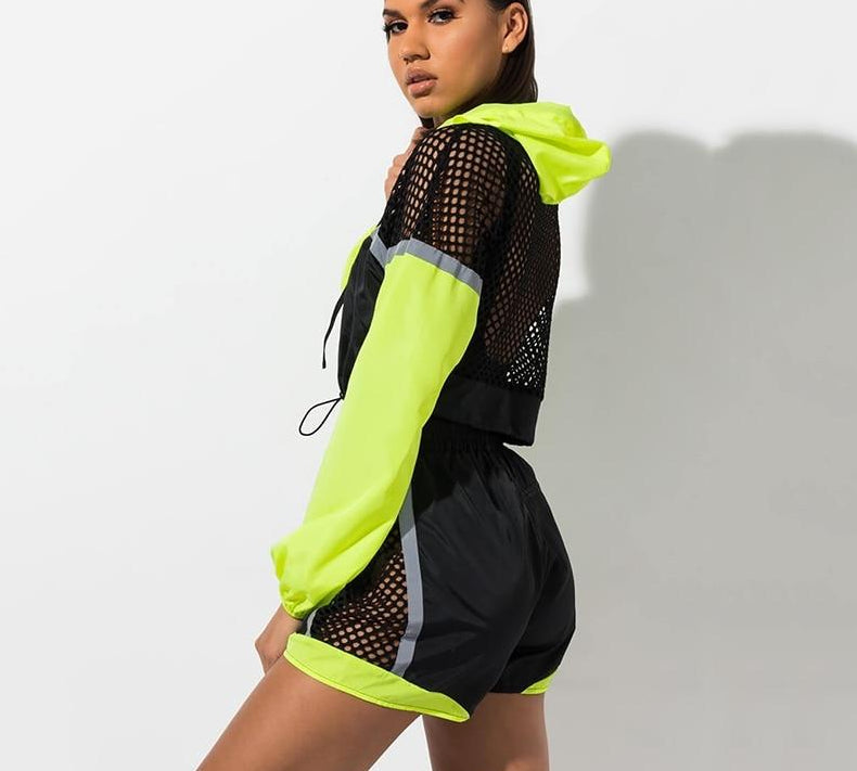 Heidi-Mode | Fishnet Langarm Kapuzenpulli Jacken und Shorts Satzs