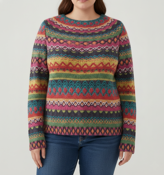 Damen Mehrfarbiger Gemusterter Strickpullover | Große Größen