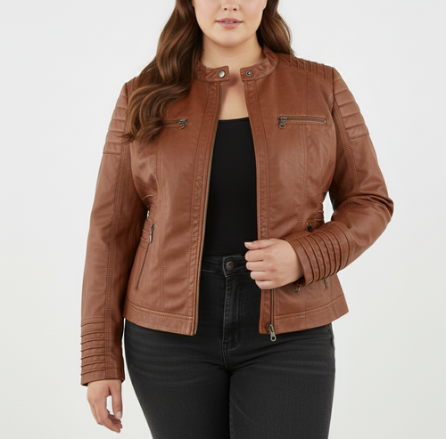 Damen Bikerjacke aus Kunstleder mit Kapuze | Große Größen (L–3XL)