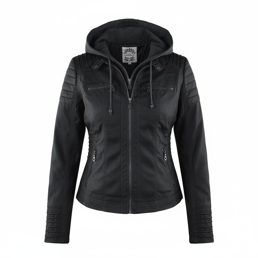 Damen Bikerjacke aus Kunstleder mit Kapuze | Große Größen (L–3XL)