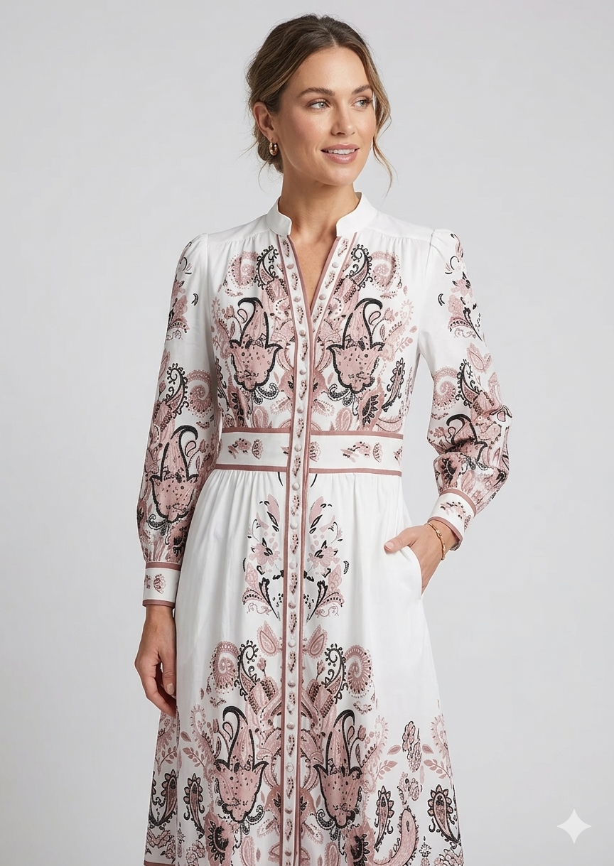 Heidi-Mode - Urlaub Maxikleid Mit V-Ausschnitt und Langen Ärmeln in Blumenmuster