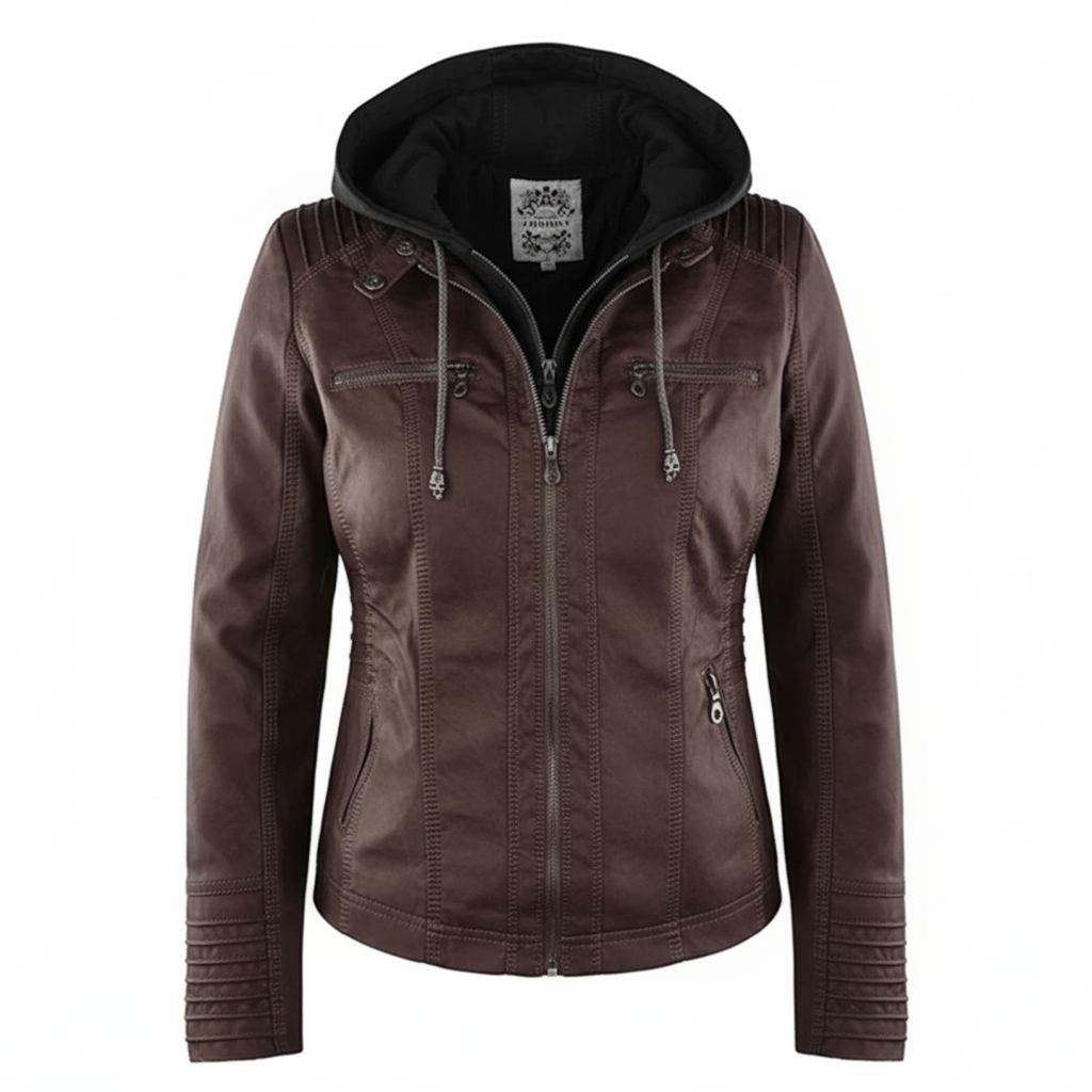 Damen Bikerjacke aus Kunstleder mit Kapuze | Große Größen (L–3XL)