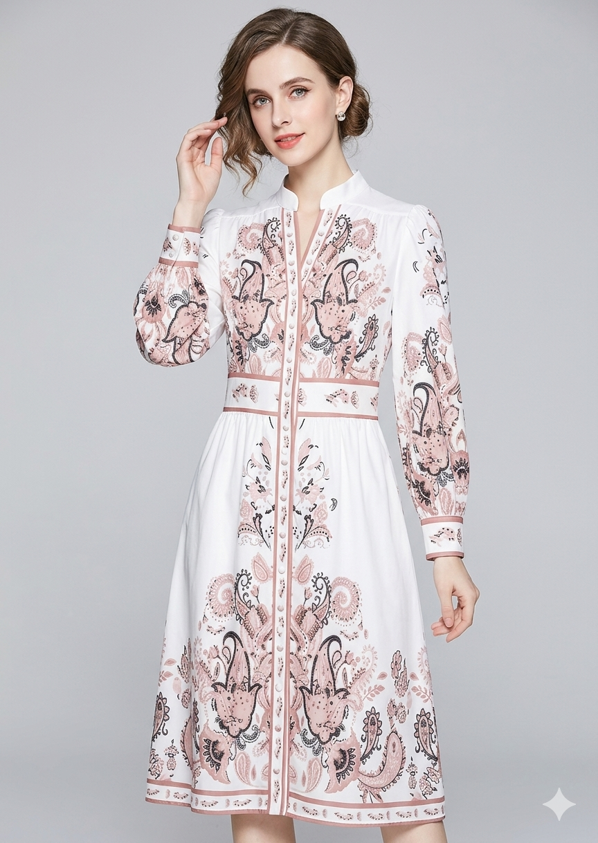 Heidi-Mode - Urlaub Maxikleid Mit V-Ausschnitt und Langen Ärmeln in Blumenmuster