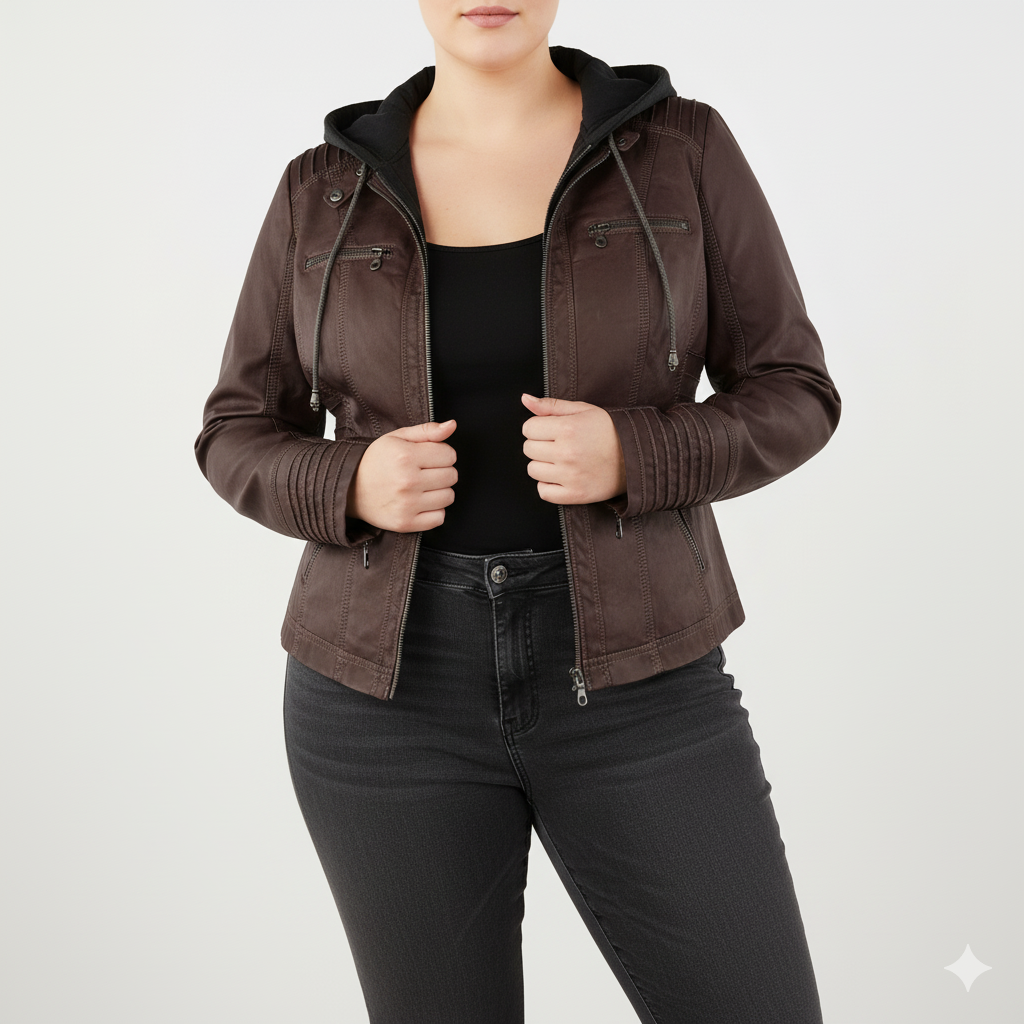 Damen Bikerjacke aus Kunstleder mit Kapuze | Große Größen (L–3XL)