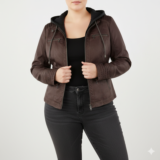 Damen Bikerjacke aus Kunstleder mit Kapuze | Große Größen (L–3XL)