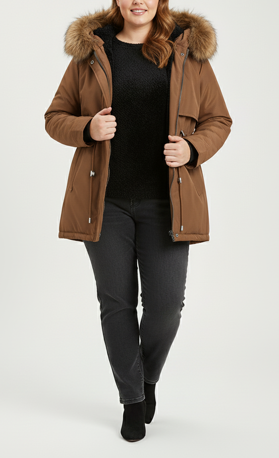 Damen Parka mit Fellkapuze & Verstellbarer Taille | Große Größen