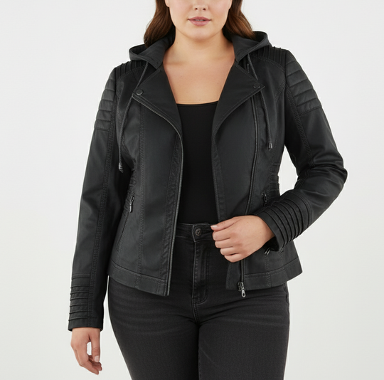 Damen Bikerjacke aus Kunstleder mit Kapuze | Große Größen (L–3XL)