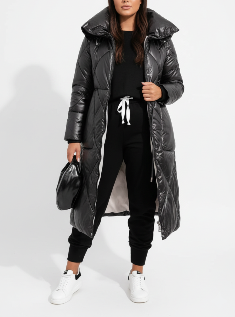 Damen Lange Pufferjacke Elegant mit Stehkragen | Große Größen