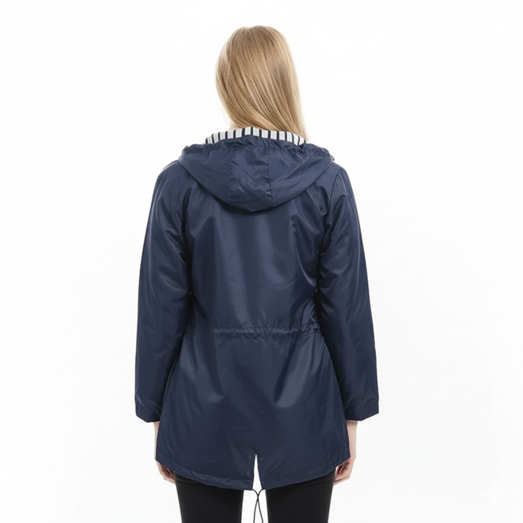 Detail der Regenjacke mit verstellbarem Kordelzug