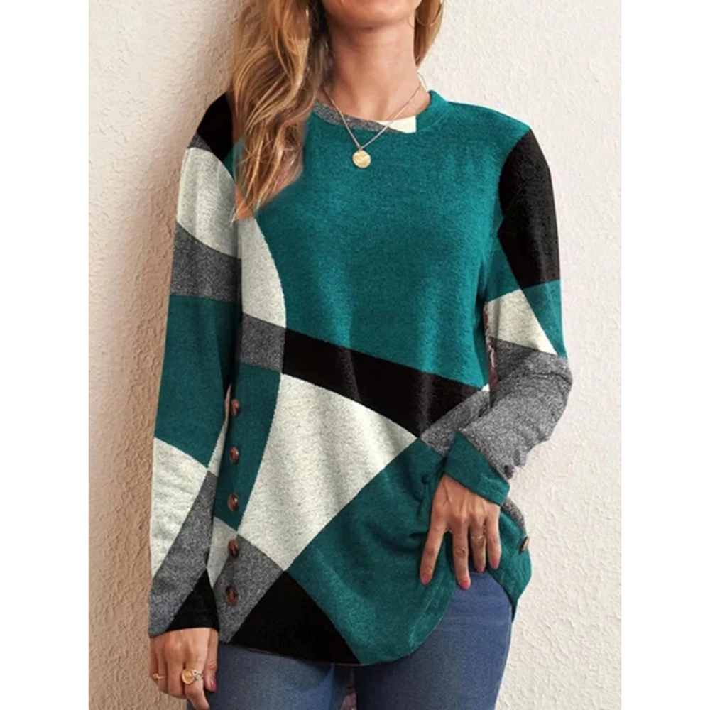 Heidi-Mode | Geometrischer Druck Blau mit Knopf Damen Shirt Lange Ärmel