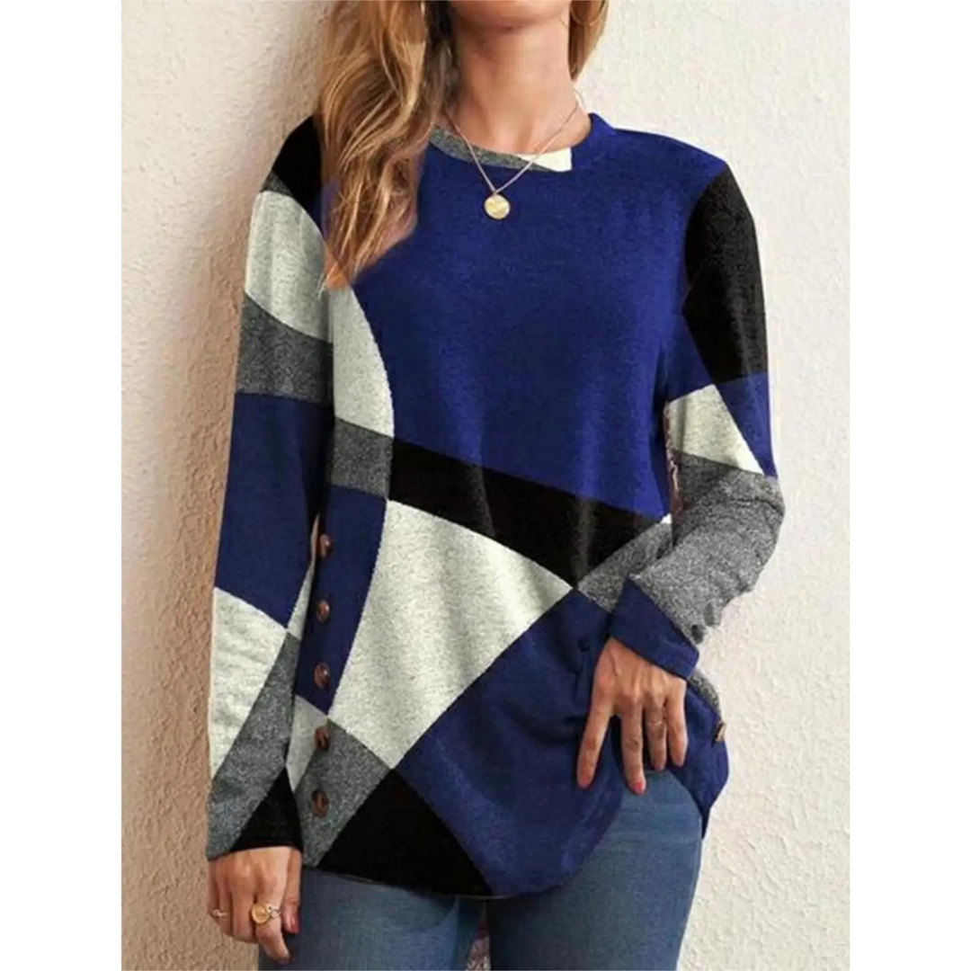Heidi-Mode | Geometrischer Druck Blau mit Knopf Damen Shirt Lange Ärmel