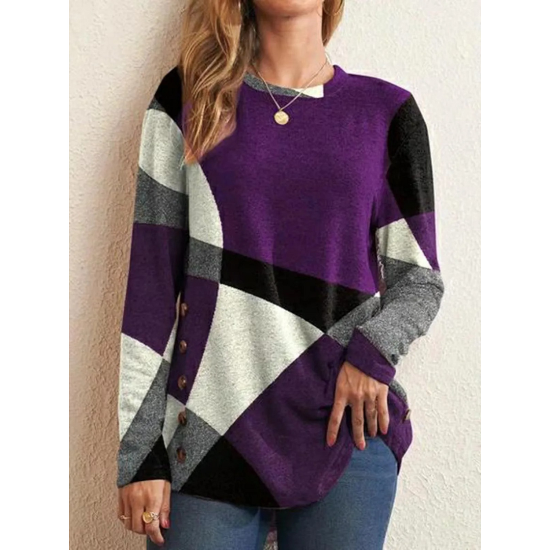 Heidi-Mode | Geometrischer Druck Blau mit Knopf Damen Shirt Lange Ärmel