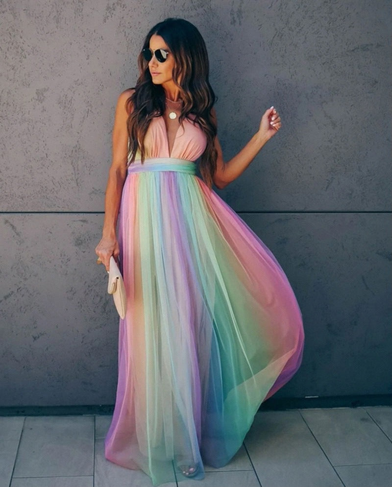 Regenbogen Spaghetti-Träger Damen Kleid | Mehrfarbig