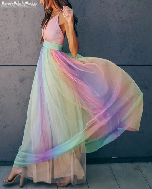 Regenbogen Spaghetti-Träger Damen Kleid | Mehrfarbig