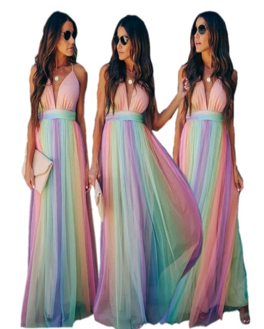 Regenbogen Spaghetti-Träger Damen Kleid | Mehrfarbig