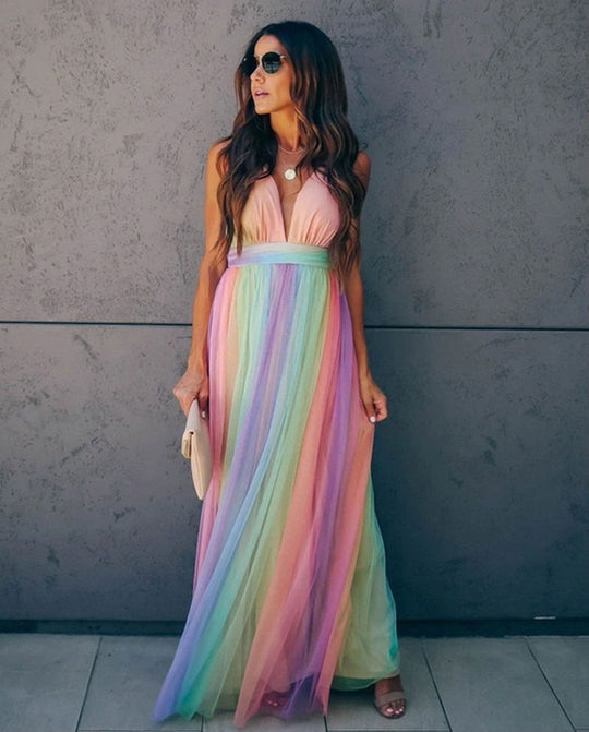 Regenbogen Spaghetti-Träger Damen Kleid | Mehrfarbig