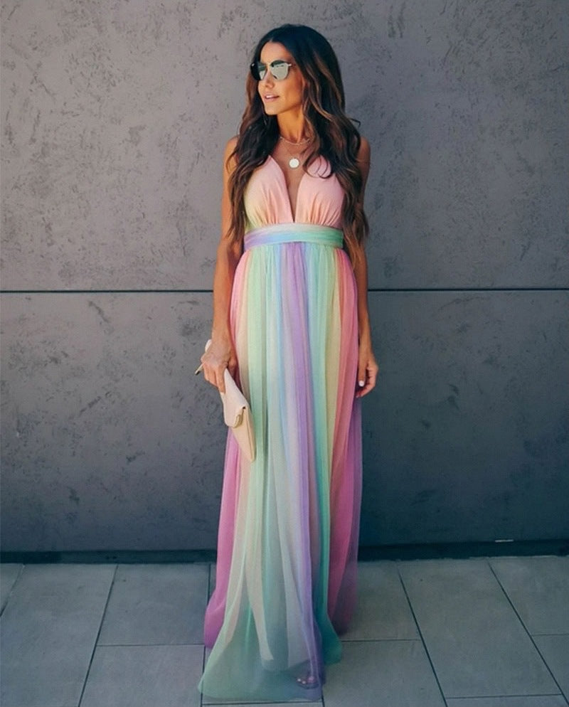 Regenbogen Spaghetti-Träger Damen Kleid | Mehrfarbig