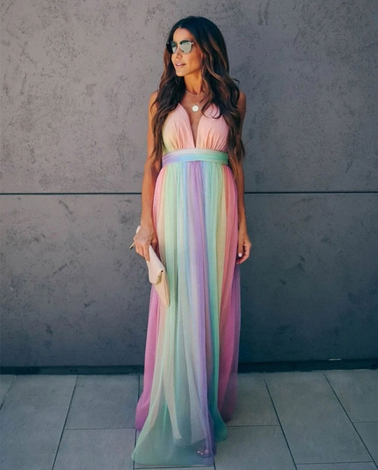 Regenbogen Spaghetti-Träger Damen Kleid | Mehrfarbig