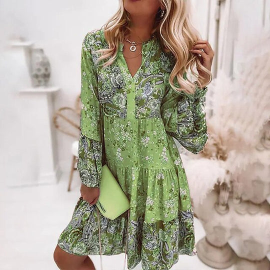 Heidi-Mode | Kleid Blüten Paisleymuster A-Linie Passform Knie-Lang mit Langen Ärmeln V-Ausschnitt