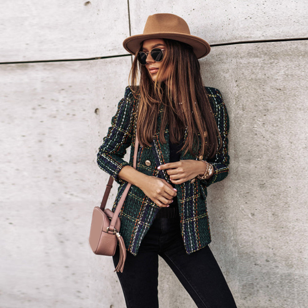 Heidi-Mode | Zweireihiger Karierter Blazer mit Langen Ärmeln
