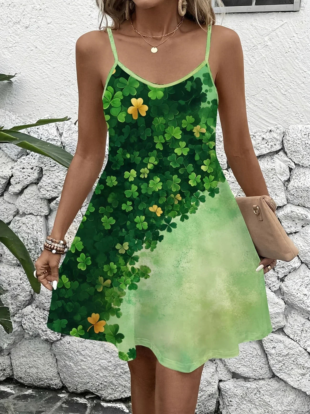 Heidi-Mode | Cami Kleid Lucky Clover Print, Ohne Ärmel, A-Form, Lässig, Luftig, Komfortabel, Polyester, Elegantes Strandkleid für Frauen