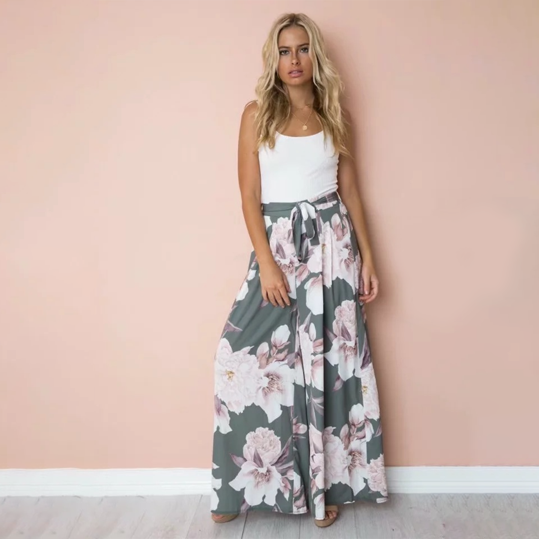 Boho-Hose mit hoher Taille, weitem Bein und Blumenmuster