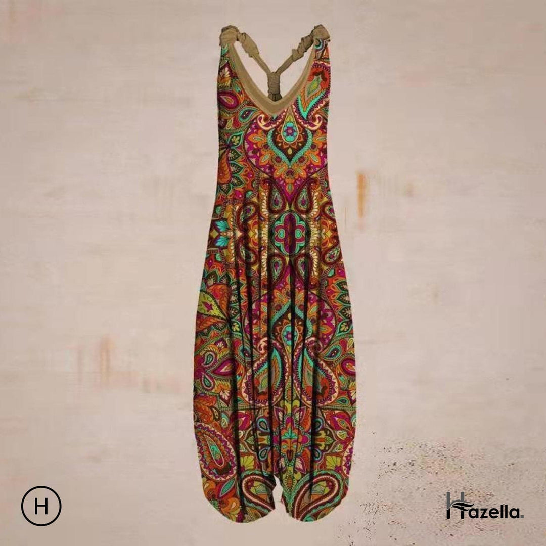 Heidi-Mode | Jumpsuit Locker Sitzend Harem Stil Ärmellos V-Ausschnitt Boheme Lässig Look