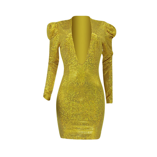 Heidi-Mode | Glitzer Deep V-Langarm Mini Kleider