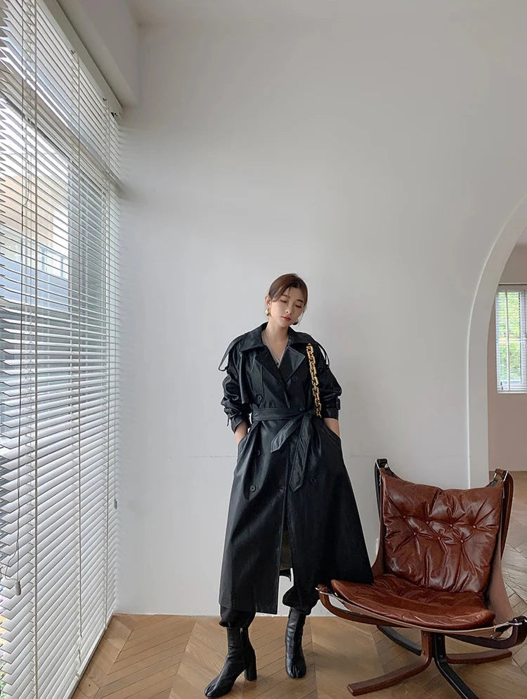 Heidi-Mode | Langer Leder-Mantel mit Gürtel für Damen - Ideal für den Winter