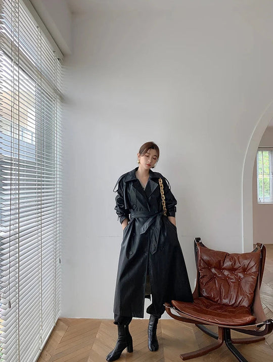 Heidi-Mode | Langer Leder-Mantel mit Gürtel für Damen - Ideal für den Winter