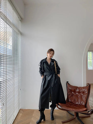 Heidi-Mode | Langer Leder-Mantel mit Gürtel für Damen - Ideal für den Winter