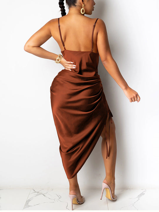 Heidi-Mode | Satin Ärmelloses Rüschen Drawstring Midi Kleider